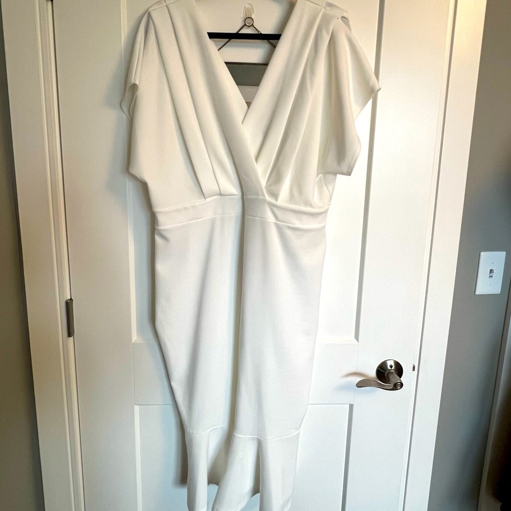 White trumpet skirt dress. Perfect for wedding, rehearsal dinner, bridal shower.